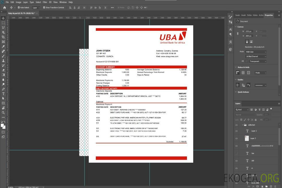 Modèle de relevé bancaire Guinée UBA au format Excel et PDF template